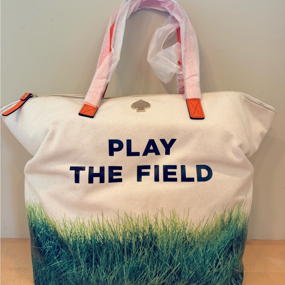 new kate spade Canvas Tote in White with Coral Handles and Green Grass Print - Picture 2 of 3